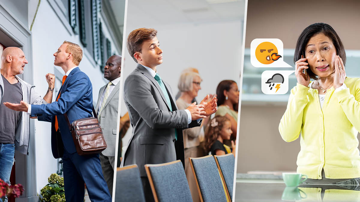 Collage: 1. En broder säger något dumt till en man i tjänsten som är arg. 2. En ung broder mumlar bara i sången på mötet. 3. En syster pratar i telefon. En emoji med eldsflammor som kommer ut från munnen och en emoji med en tumme ner representerar skadliga och negativa samtal.