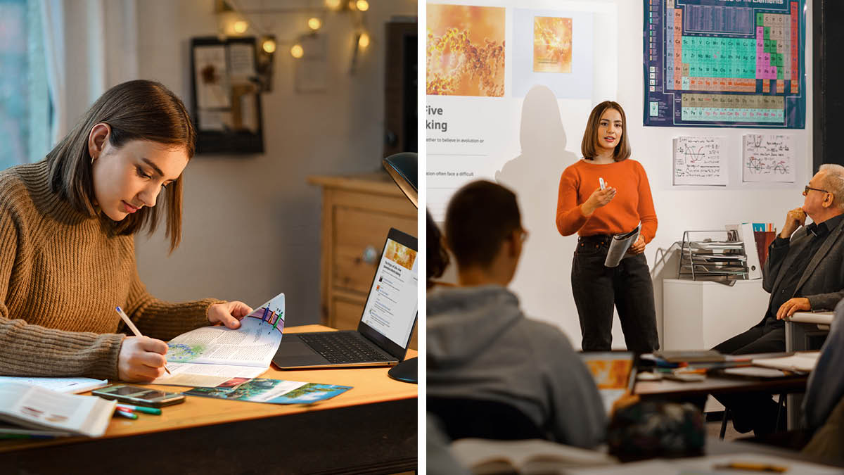 Collage: 1. En ung syster använder broschyrerna ”Hur har livet kommit till?” och ”Livets uppkomst – fem frågor som kräver svar” för att läsa på lite mer. 2. Systern håller en presentation för läraren och klassen.