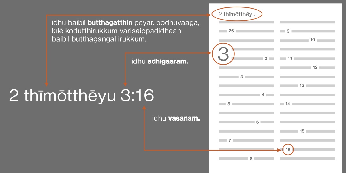 oru vasanatthai baibilil eppadi eduppadhu endru therindhukolla 2 thīmōtthēyu 3:16 kaattappattirukkiradhu. mudhalil iruppadhu, adhaavadhu 2 thīmōtthēyu enbadhu baibilil irukkum butthagatthin peyar. (baibil butthagangalin pattiyal kīlē kodukkappattirukkiradhu. avai perumbaalum indha varisaiyildhaan irukkum). 3 endru mudhalil irukkum en, andha butthagatthin adhigaaratthai kurikkiradhu. adharku adutthu varum engal, udhaaranatthukku 16 enbadhu andha adhigaaratthin vasanatthai kurikkiradhu.