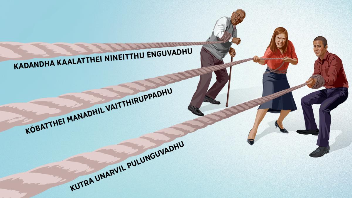 Vayadhaana sagōdhararum, oru sagōdhariyum, ōr ilam sagōdhararum thanitthaniyaaga kayitrei ilutthukkondirukkiraargal. Andha kayirugalil, ‘kadandha kaalatthei nineitthu ēnguvadhu,’ ‘kōbatthei manadhil vaitthiruppadhu,’ ‘kutra unarvil pulunguvadhu endru eludhappattirukkiradhu.