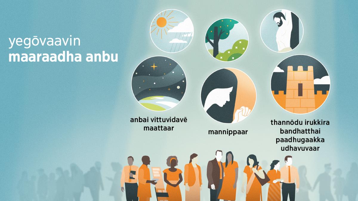 mulu manidha kudumbatthukkum naduvē yegōvaavin makkal thelivaaga kaattappattullaargal. padatthoguppu: yegōvaavin maaraadha anbu. 1. natchatthirangal niraindha vaanatthil būmi iruppadhu, endrendrumulla anbai kaattugiradhu. 2. oru sagōdhari jebam seivadhu, mannippai kaattugiradhu. 3. kadavulōdulla bandham paadhugaakkappaduvadhai balamulla nagara madhil kaattugiradhu. pinnaniyil yegōvaa ellaaridamum kaattum anbukku udhaaranangal. 4. sūriya oli, malai. 5. pūkkal, thaavarangal, marangal. 6. mītpuvilai.