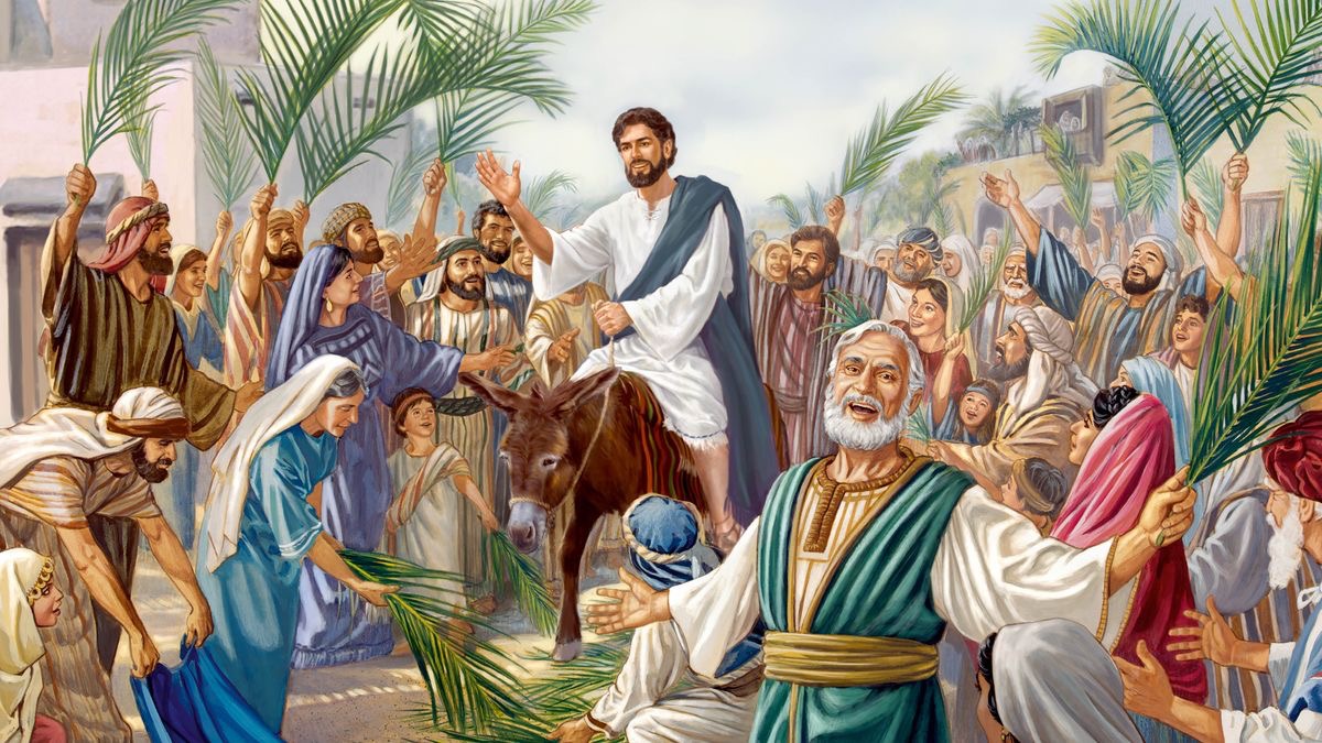 இயேசு ஒரு கழுதைக்குட்டியின் மேல் ஏறிவருகிறார். அவரை சுற்றி மக்கள் சந்தோஷமாக ஆரவாரம் செய்கிறார்கள். தங்கள் மேலங்கிகளை வழியில் விரிக்கிறார்கள், ஓலைகளை வெட்டி பாதையில் பரப்புகிறார்கள்.