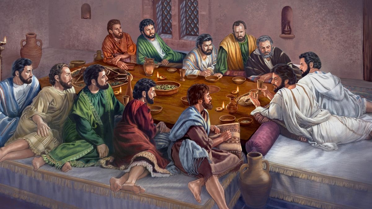 எஜமானின் இரவு விருந்தின்போது இயேசுவும் அவருடைய உண்மையுள்ள அப்போஸ்தலர்களும் மேஜையில் சாய்ந்தபடி உட்கார்ந்திருக்கிறார்கள்