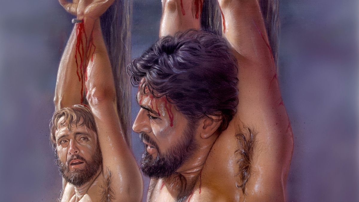 ஒரு குற்றவாளியின் பக்கத்தில், இயேசு ஒரு சித்திரவதைக் கம்பத்தில் தொங்கிக்கொண்டிருக்கிறார்