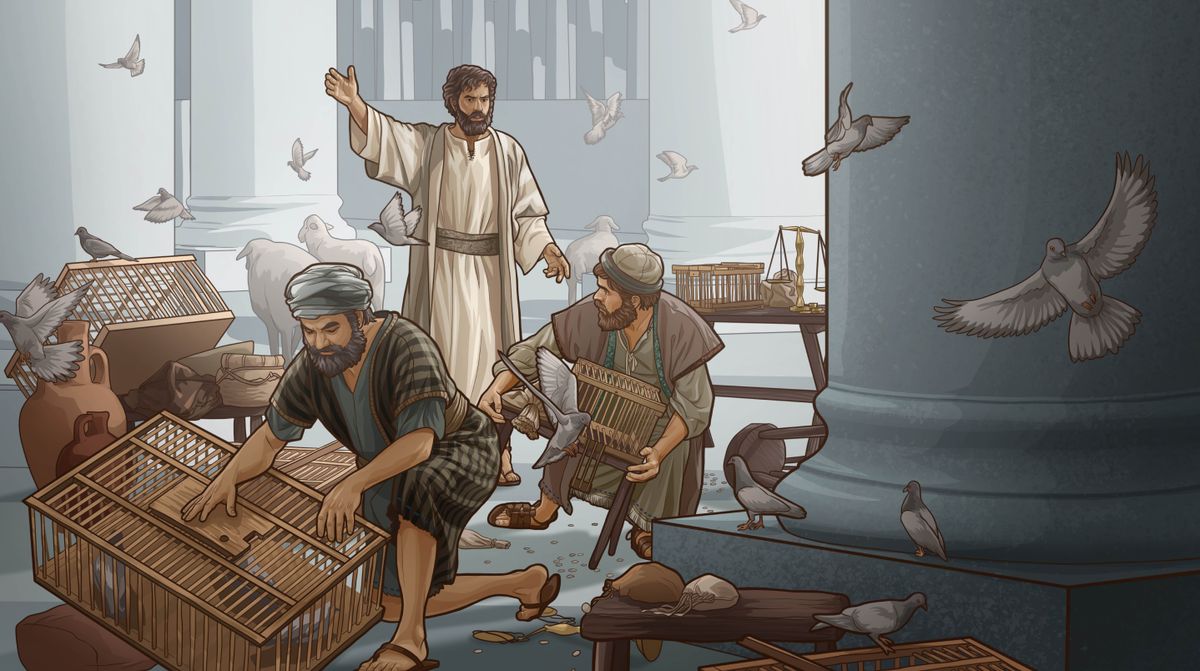 வியாபாரிகளையும் அவர்களுடைய மிருகங்களையும் ஆலயத்திலிருந்து இயேசு துரத்துகிறார்.