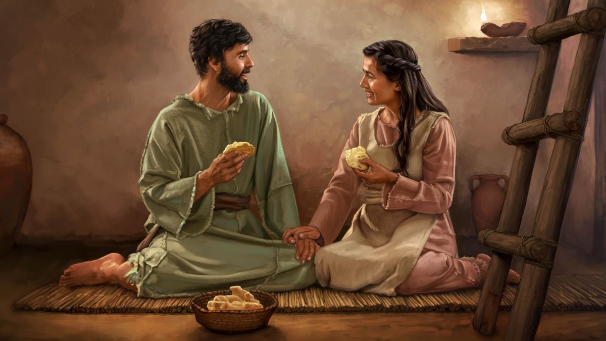 பூர்வ இஸ்ரவேலில் ஒரு தம்பதி தங்களுடைய எளிமையான வீட்டில் சாதாரண ரொட்டியைச் சந்தோஷமாகச் சாப்பிட்டுக்கொண்டிருக்கிறார்கள்.