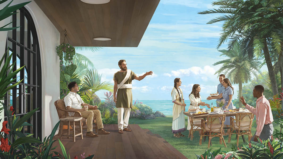 தானியேல் தீர்க்கதரிசியும் அவருடைய நண்பர்களும் சேர்ந்து பூஞ்சோலை பூமியில் சந்தோஷமாக விருந்து சாப்பிடுகிறார்கள்.