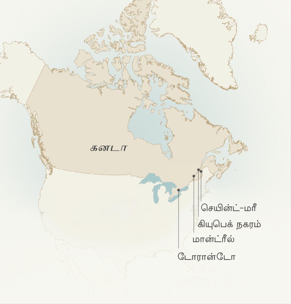 லியோன்ஸ் க்ரிப்போ சேவை செய்த இடங்களான செயின்ட்-மரீ, கியுபெக் நகரம், மான்ட்ரீல், மற்றும் டோரான்டோவைக் காட்டும் வரைபடம்.