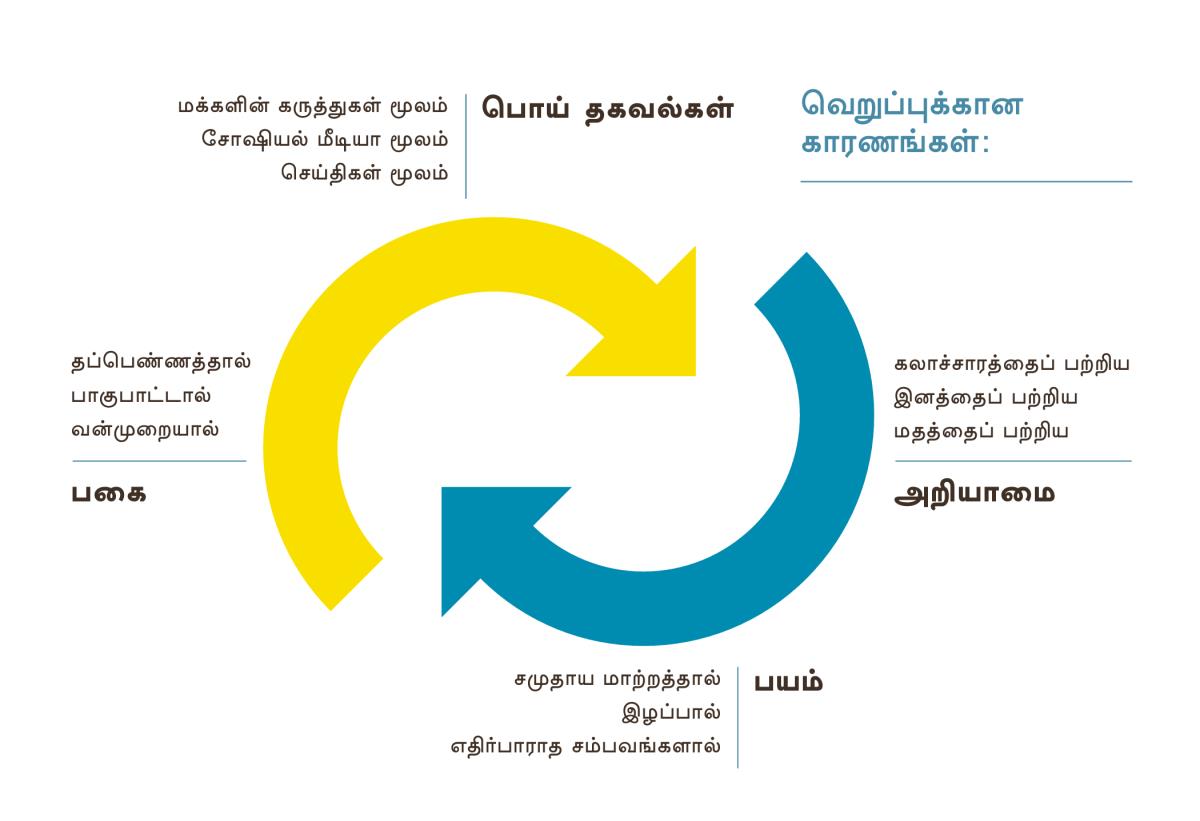 வெறுப்புக்கான காரணங்களை எடுத்துக் காட்டும் படம். அதில், இரண்டு அம்புக்குறிகள் ஒன்றன்பின் ஒன்று சுற்றி வருவதுபோல் காட்டப்பட்டிருக்கிறது. 1. மக்களின் கருத்துகள் மூலம், சோஷியல் மீடியா மூலம், செய்திகள் மூலம் பொய் தகவல்கள் 2. கலாச்சாரத்தைப் பற்றிய, இனத்தைப் பற்றிய, மதத்தைப் பற்றிய அறியாமை 3. சமுதாய மாற்றத்தால், இழப்பால், எதிர்பாராத சம்பவங்களால் வரும் பயம். 4. தப்பெண்ணத்தால், பாகுபாட்டால், வன்முறையால் ஏற்படும் பகை.