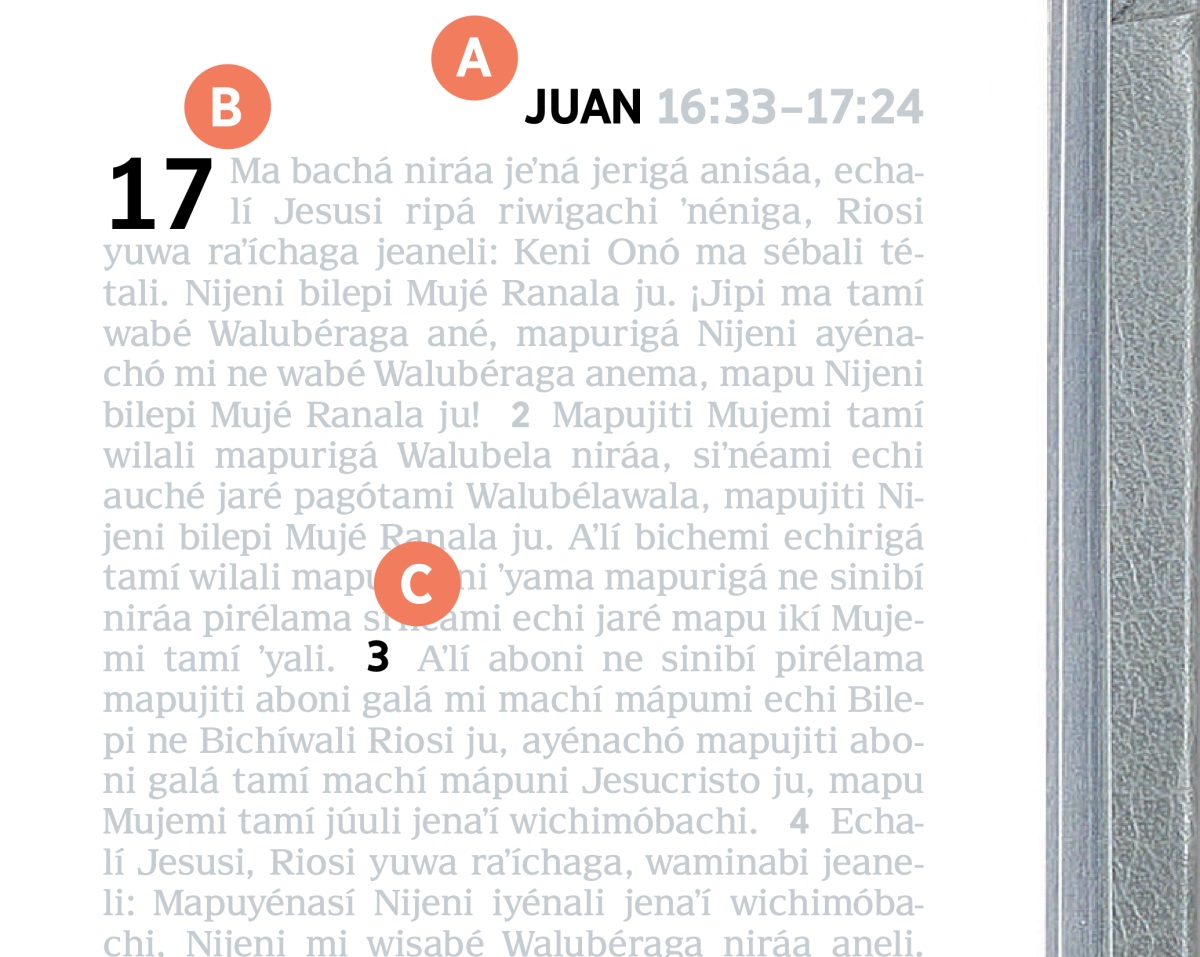 Echi letras A, B alí C ju japi ruye bilé página echoná Biblia.
