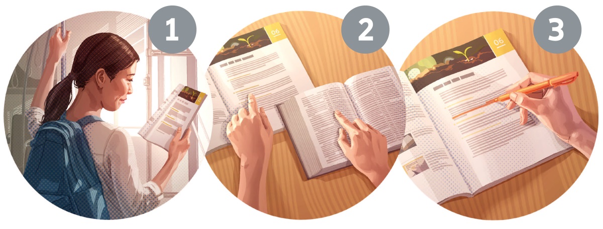 Piksa: Wan oman redi emselp po Baibol stadi blo em. A. Em ride pas peiz blo da lesen. B. Em ride dem skripsa da lesen i gad. C. Em mak dem mein wod lo da lesen.