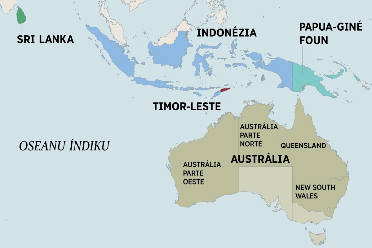 Mapa Austrália no nasaun sira neʼebé besik, inklui Sri Lanka, Indonézia, Papua-Giné Foun, no Timor-Leste. Mapa Austrália hatudu parte Norte no sidade iha parte Oeste, Queensland, no New South Wales.