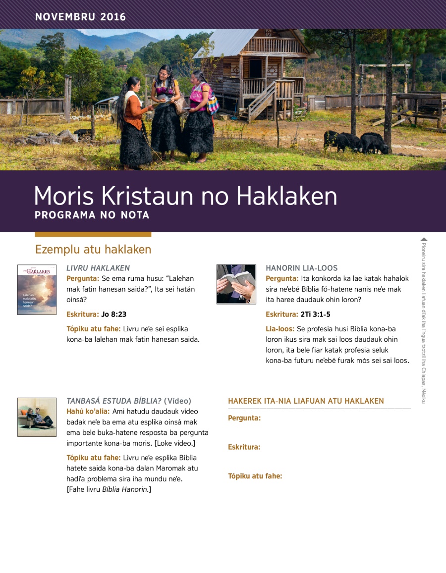 Moris Kristaun no Haklaken​—⁠Programa no nota, Novembru 2016