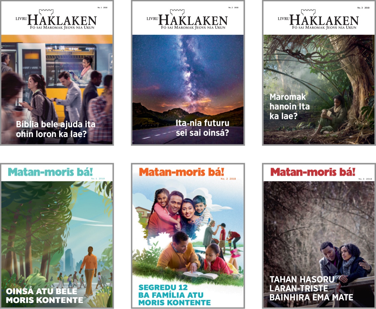 Dezeñu sira: Pájina oin husi ‘Livru Haklaken’ no ‘Matan-moris bá!’ tinan 2018. 1. ‘Bíblia bele ajuda ita ohin loron ka lae?’ 2. ‘Ita-nia futuru sei sai oinsá?’ 3. ‘Maromak hanoin Ita ka lae?’ 4. ‘Oinsá atu bele moris kontente.’ 5. ‘Segredu 12 ba família atu moris kontente.’ 6. ‘Tahan hasoru laran-triste bainhira ema mate.’