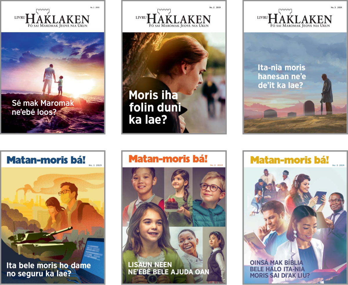 Dezeñu sira: Pájina oin husi ‘Livru Haklaken’ no ‘Matan-moris bá!’ tinan 2019. 1. ‘Sé mak Maromak neʼebé loos?’ 2. ‘Moris iha folin duni ka lae?’ 3. ‘Ita-nia moris hanesan neʼe deʼit ka lae?’ 4. ‘Ita bele moris ho dame no seguru ka lae?’ 5. ‘Lisaun neen neʼebé bele ajuda oan.’ 6. ‘Oinsá mak Bíblia bele halo Ita-nia moris sai diʼak liu?’