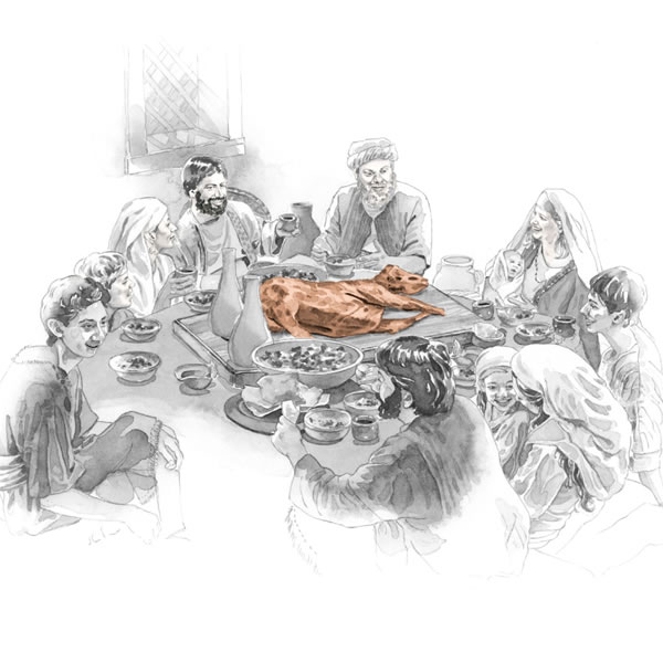People are gathered around a table and the Passover lamb is in the middle