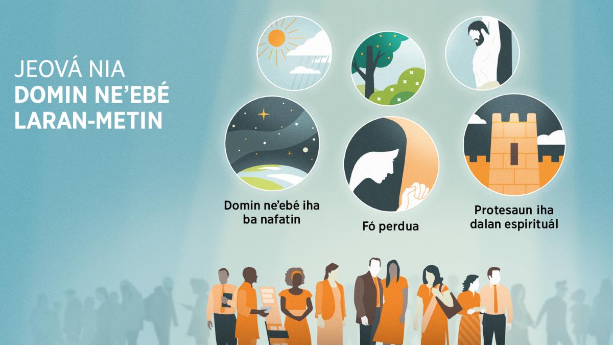 Jeová nia atan sira no ema seluk iha sira-nia sorin-sorin. Dezeñu sira: Dalan oioin neʼebé Jeová hatudu domin neʼebé laran-metin. 1. Domin neʼebé iha ba nafatin, hatudu liuhusi mundu no fitun. 2. Fó perdua, hatudu liuhusi irmán ida neʼebé halo orasaun. 3. Protesaun iha dalan espirituál, hatudu liuhusi sidade neʼebé moru haleʼu. Iha kotuk, dezeñu kona-ba dalan neʼebé Jeová hatudu domin ba ema hotu. 4. Loro-matan no udan. 5. Ai-funan, ai-horis no ai-hun sira. 6. Jesus nia sakrifísiu.