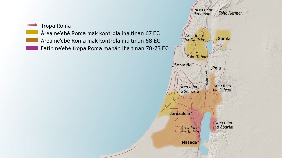 Mapa neʼebé hatudu foho no sidade sira iha Izraél iha apóstolu sira-nia tempu. Iha parte norte husi Jeruzalein, iha área foho iha Líbanu, Galileia, Samaria, no Gilead, no mós Foho Hermon no Tabor. Sidade sira iha parte norte husi Jeruzalein mak Gamla, Sezareia, no Pela. Iha parte súl husi Jeruzalein, iha área foho iha Judeia no Abarim, no mós sidade Masada. Mapa neʼe mós hatudu diresaun neʼebé tropa Roma liu atu tama no manán ema Judeu nia área husi tinan 67 EC toʼo 73 EC.