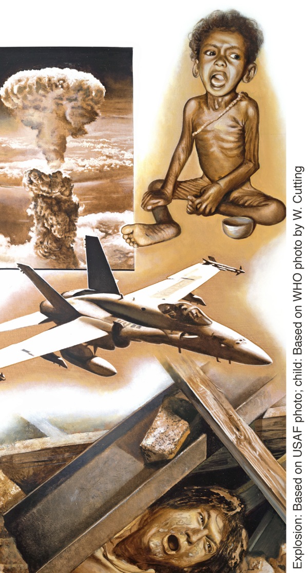 ภาพสมัยสุดท้าย เช่น การทิ้งระเบิด เด็กที่ผอมแห้งขาดสารอาหาร เครื่องบินรบ คนที่ทนทุกข์กับแผ่นดินไหว