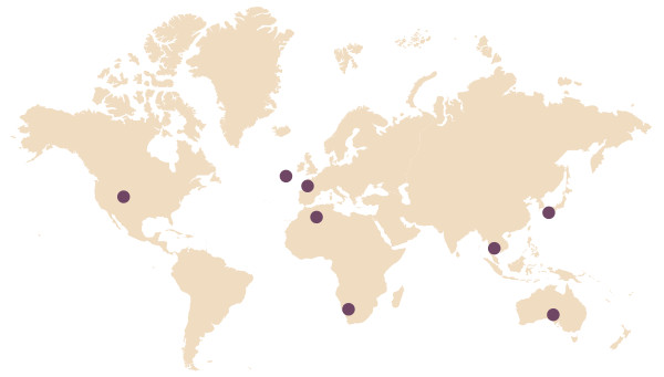 แผนที่​โลก​แสดง​ที่​ตั้ง​ของ​ประเทศ​ออสเตรเลีย ฝรั่งเศส ไอร์แลนด์ ญี่ปุ่น แอฟริกา​ใต้ ตูนิเซีย สหรัฐ และ​เวียดนาม
