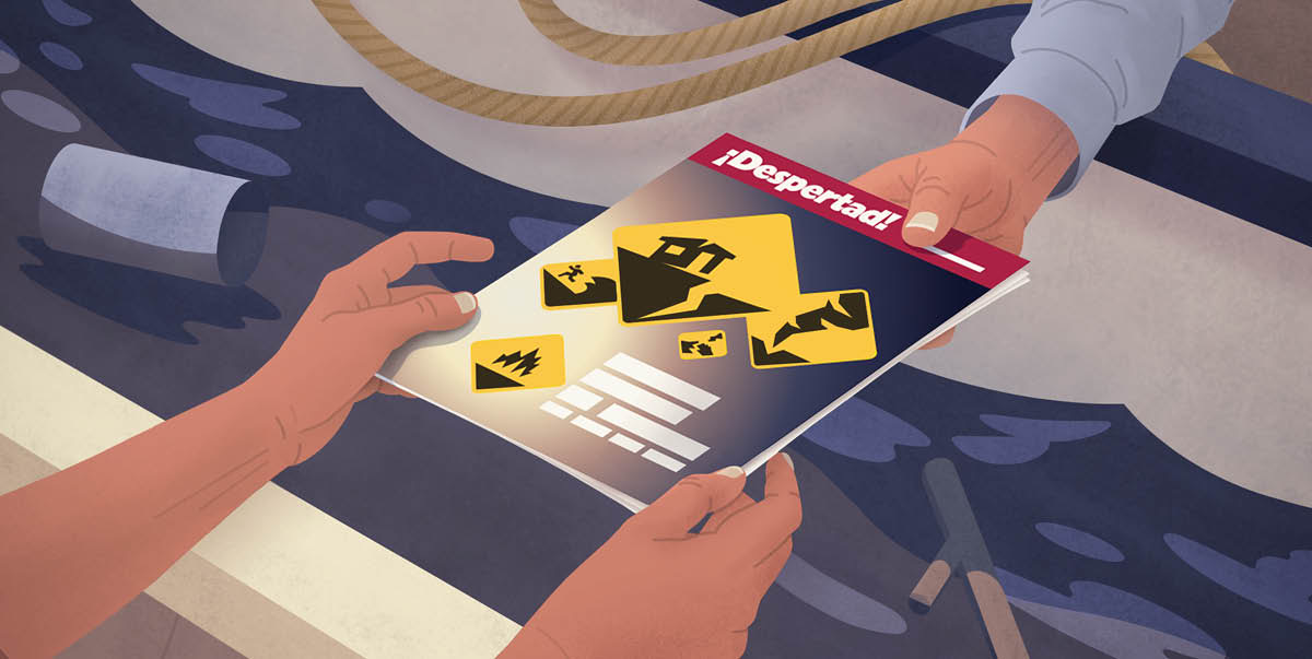 พยาน​ฯ​กำลัง​แจก​วารสาร ‘ตื่นเถิด!’ ชื่อ​เรื่อง ‘วิธี​รอด​ชีวิต​จาก​ภัย​พิบัติ’ ให้​กับ​คน​ท้องถิ่น​ที่​ได้​รับ​ผล​กระทบ​จาก​น้ำ​ท่วม