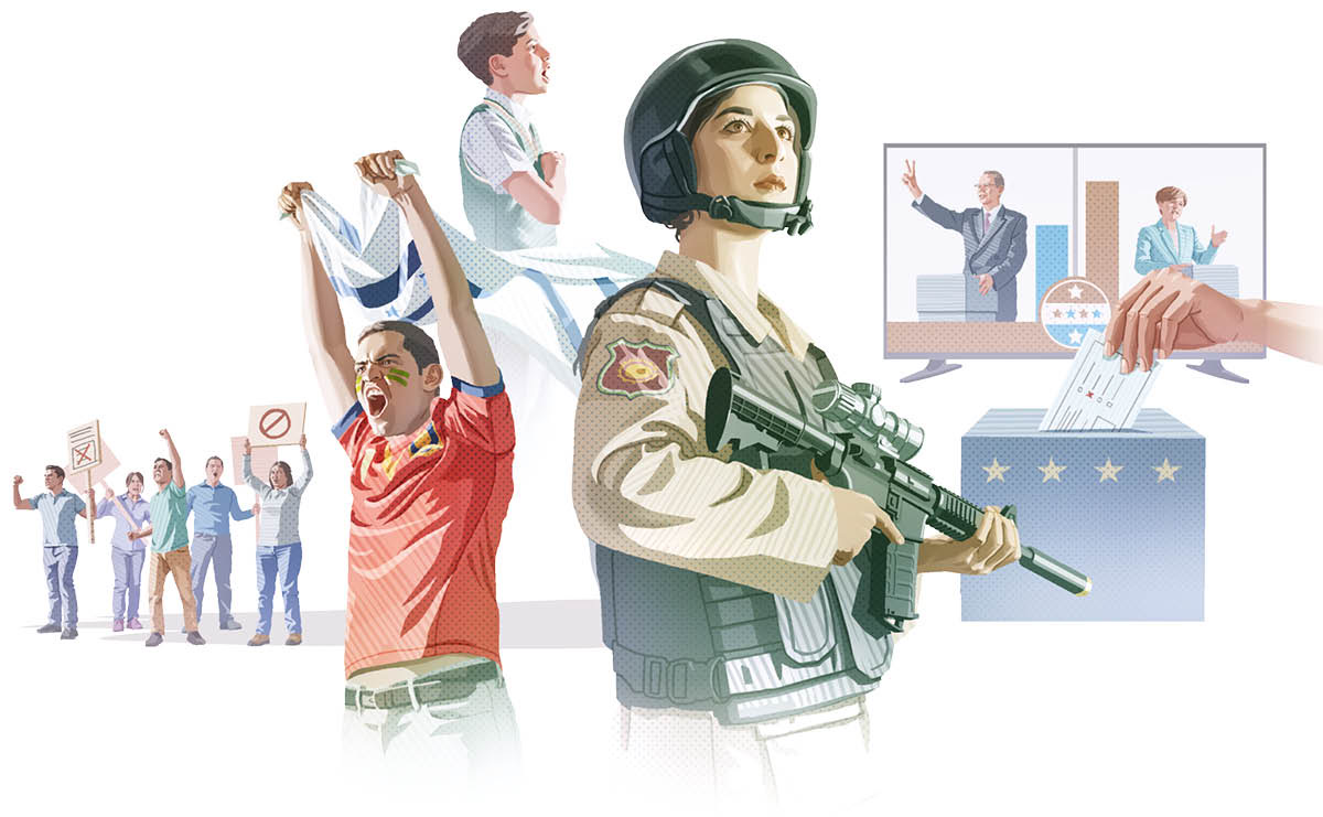 รูป​ภาพ 1. กลุ่ม​ผู้​ชุมนุม​ถือ​ป้าย​และ​ประท้วง​ด้วย​ความ​โกรธ​แค้น 2. ผู้​ชาย​คน​หนึ่ง​ชู​ธง​เชียร์​ทีม​กีฬา​ที่​เขา​ชื่น​ชอบ 3. เด็ก​นัก​เรียน​คน​หนึ่ง​กล่าว​คำ​ปฏิญาณ​แสดง​ความ​จงรักภักดี​ต่อ​ชาติ 4. ทหาร​คน​หนึ่ง​ถือ​ปืน 5. ผู้​สมัคร​รับ​เลือก​ตั้ง​สอง​ฝ่าย​กำลัง​นำ​เส​นอน​โน​บาย​ของ​พรรค​ตัว​เอง 6. ผู้​หญิง​คน​หนึ่ง​หย่อน​บัตร​เลือก​ตั้ง​ลง​ใน​หีบ