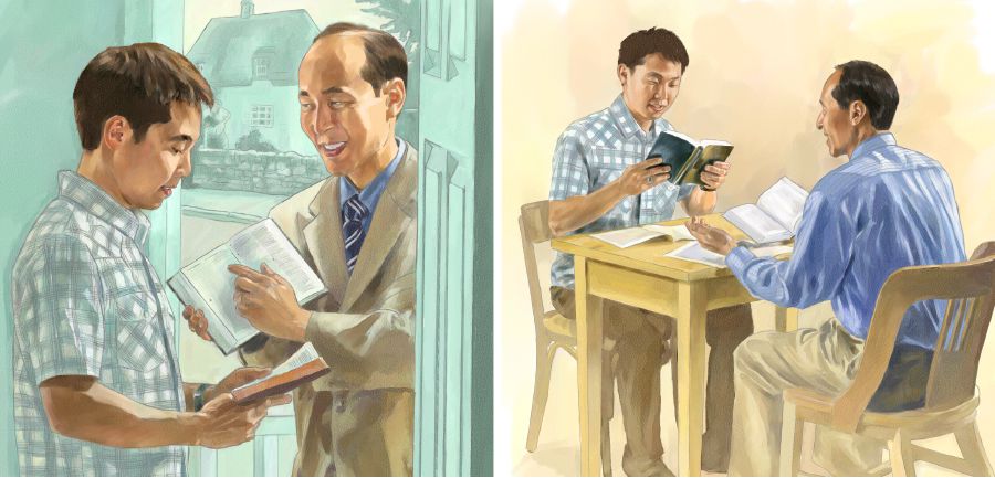 พยาน​พระ​ยะโฮวา​อ่าน​ข้อ​ความ​จาก​คัมภีร์​ไบเบิล​ให้​ผู้​ชาย​คน​หนึ่ง​ฟัง จาก​นั้น​ก็​ศึกษา​กับ​เขา