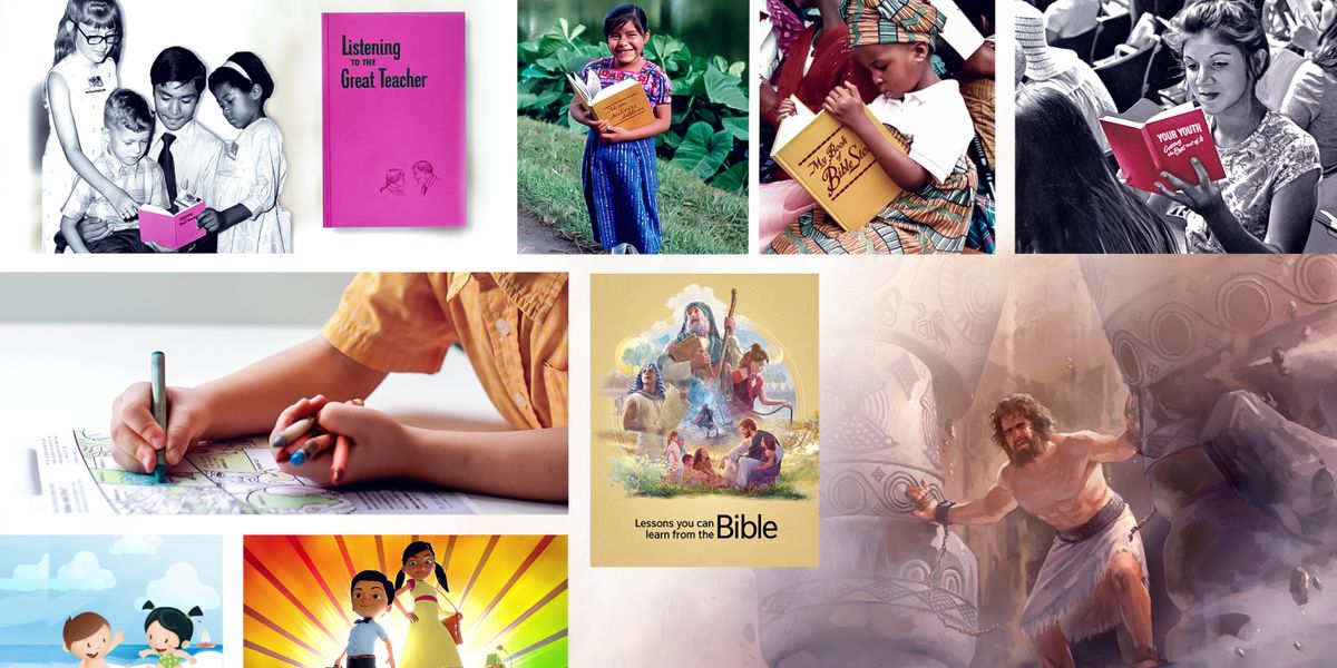 ชุด​รูป​ภาพ:เครื่อง​มือ​สอน​สำหรับ​เด็ก 1. เด็ก​หลาย​วัย​กำลัง​ดู​หนังสือ “การ​รับ​ฟัง​ครู​ผู้​ยิ่ง​ใหญ่” 2. หนังสือ “การ​รับ​ฟัง​ครู​ผู้​ยิ่ง​ใหญ่” 3. เด็ก​ผู้​หญิง​ถือ “หนังสือ​ของ​ฉัน​เกี่ยว​ด้วย​เรื่อง​ราว​ใน​พระ​คัมภีร์​ไบเบิ้ล” 4. เด็ก​ผู้​หญิง​อีก​คน​อ่าน “หนังสือ​ของ​ฉัน​เกี่ยว​ด้วย​เรื่อง​ราว​ใน​พระ​คัมภีร์​ไบเบิ้ล” 5. เด็ก​ผู้​หญิง​วัยรุ่น​อ่าน​หนังสือ “การ​ได้​ประโยชน์​มาก​ที่​สุด​จาก​วัย​หนุ่ม​สาว” ที่​การ​ประชุม​ใหญ่ 6. เด็ก​ผู้​ชาย​ระบาย​สี​กิจกรรม​สำหรับ​เด็ก​ที่​พิมพ์​ออก​มา​จาก​เว็บไซต์ jw.org 7. รูป​ภาพ​จาก​จุลสาร “เรื่อง​ที่​หนู​เรียน​จาก​พระ​คัมภีร์” 8. การ์ตูน​แดนนี่​และ​โซเฟีย​จาก​วีดีโอ​ชุด “มา​เป็น​เพื่อน​กับ​พระ​ยะโฮวา​กัน​เถอะ” 9. หนังสือ “เรื่อง​ที่​เรา​เรียน​จาก​คัมภีร์​ไบเบิล” และ​ภาพ​แซมสัน​ผลัก​เสา 2 ต้น​ด้วย​พละกำลัง​ทั้ง​หมด​ที่​เขา​มี​ซึ่ง​อยู่​ใน​หนังสือ​เล่ม​นี้