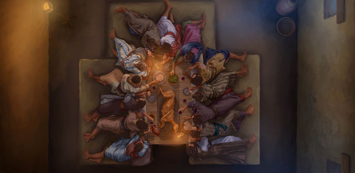 ภาพ​มุม​สูง​ของ​พระ​เยซู​และ​อัครสาวก 12 คน​ตอน​ที่​กำลัง​กิน​อาหาร​ปัศกา