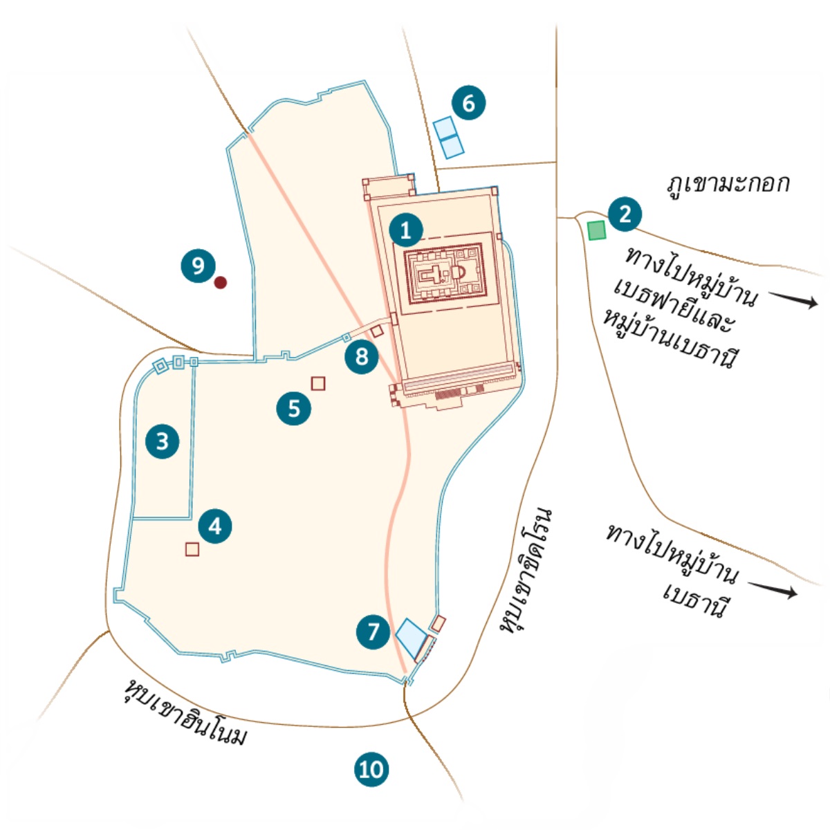 กรุง​เยรูซาเล็ม​และ​บริเวณ​โดย​รอบ 1. วิหาร 2. สวน​เกทเสมนี 3. บ้าน​ผู้​ว่า​ราชการ 4. บ้าน​ของ​เคยาฟาส 5. วัง​ของ​เฮโรด​อันทีพาส 6. สระ​เบธซาธา 7. สระ​สิโลอัม 8. ศาล​แซนเฮดริน 9. กลโกธา 10. อาเคลดามา