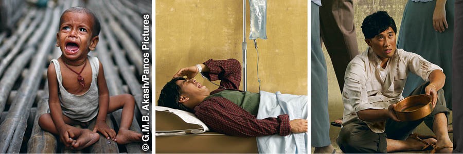 เด็ก​ที่​ขาด​แคลน​อาหาร คน​ป่วย​และ​ผู้​ชาย​ที่​ถือ​ถ้วย​เปล่า​ๆ