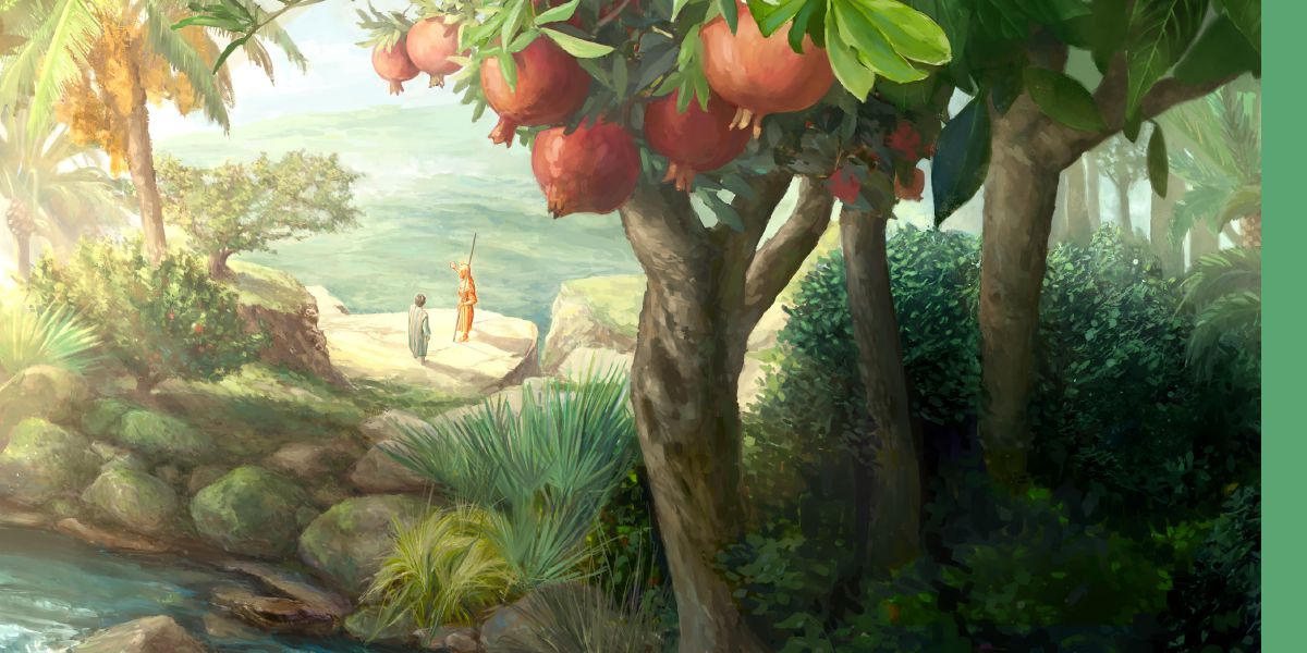 ทูตสวรรค์ที่ตัวเหมือนทองแดงกำลังให้เอเสเคียลดูแผ่นดินที่การนมัสการแท้ได้รับการฟื้นฟูแล้ว ที่นั่นมีพืชผักเขียวสด มีผลไม้มากมาย และแม่น้ำที่กำลังไหล