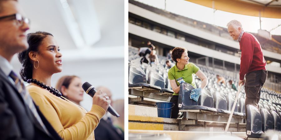 ชุด​ภาพ: งาน​รับใช้​ที่​ศักดิ์สิทธิ์ 1. พี่​น้อง​หญิง​ออก​ความ​เห็น​ที่​การ​ประชุม 2. พี่​น้อง​ชาย​หญิง​ทำ​ความ​สะอาด​สถาน​ที่​ประชุม​ใหญ่