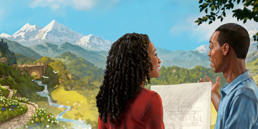 สามี​ภรรยา​คู่​หนึ่ง​ที่​อยู่​ใน​อุทยาน​คุย​กัน​เรื่อง​บ้าน​ที่​กำลัง​จะ​สร้าง