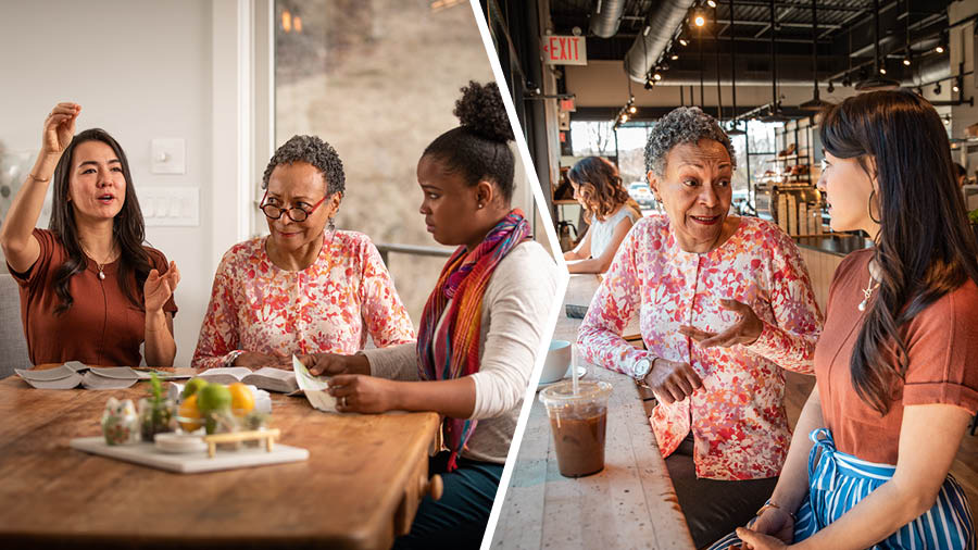 รูป: 1. พี่​น้อง​หญิง​จาก​บทความ​ก่อน​หน้า​นี้​กำลัง​ศึกษา​คัมภีร์​ไบเบิล​กับ​นัก​ศึกษา​ของ​เธอ เธอ​ทำ​ท่า​ทาง​อธิบาย คัมภีร์​ไบเบิล​คว่ำ​อยู่​บน​โต๊ะ มี​พี่​น้อง​หญิง​สูง​อายุ​นั่ง​อยู่​กับ​เธอ​ด้วย ทั้ง​นัก​ศึกษา​ของ​เธอ​และ​พี่​น้อง​หญิง​ที่​สูง​อายุ​ทำ​หน้า​งง 2. ต่อ​มา ที่​ร้าน​กาแฟ เธอ​นั่ง​ฟัง​พี่​น้อง​หญิง​สูง​อายุ​แนะ​นำ​ว่า​เธอ​จะ​ปรับ​ปรุง​การ​สอน​ให้​ดี​ขึ้น​ได้​อย่าง​ไร