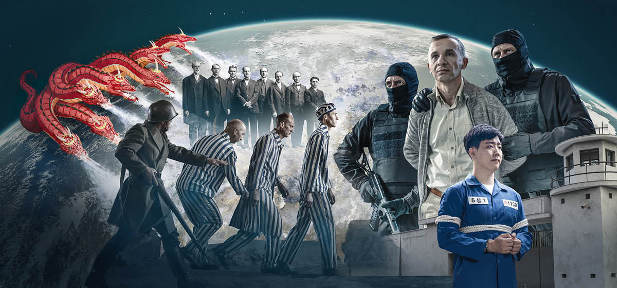 พญา​นาค​ใหญ่​ซึ่ง​หมาย​ถึง​ซาตาน​โจมตี​คน​ของ​พระ​ยะโฮวา​บน​โลก ชุด​รูป​ภาพ: 1. พี่​น้อง​ชาย​ที่​เป็น​ผู้​ถูก​เจิม 8 คน​ที่​นำ​หน้า​ใน​องค์การ​ถูก​คุม​ขัง​ใน​ปี 1918 2. เจ้าหน้าที่​ถือ​อาวุธ​ควบคุม​ตัว​พี่​น้อง​ใน​ค่าย​กัก​กัน​นาซี 3. เจ้าหน้าที่​สวม​หน้ากาก​และ​ถือ​อาวุธ​จับ​กุม​พี่​น้อง​ชาย​คน​หนึ่ง 4. พี่​น้อง​ชาย​ใน​เกาหลี​ใต้​ซึ่ง​อยู่​ใน​คุก​ถูก​จับ​ใส่​กุญแจ​มือ​และ​ถูก​เชือก​มัด