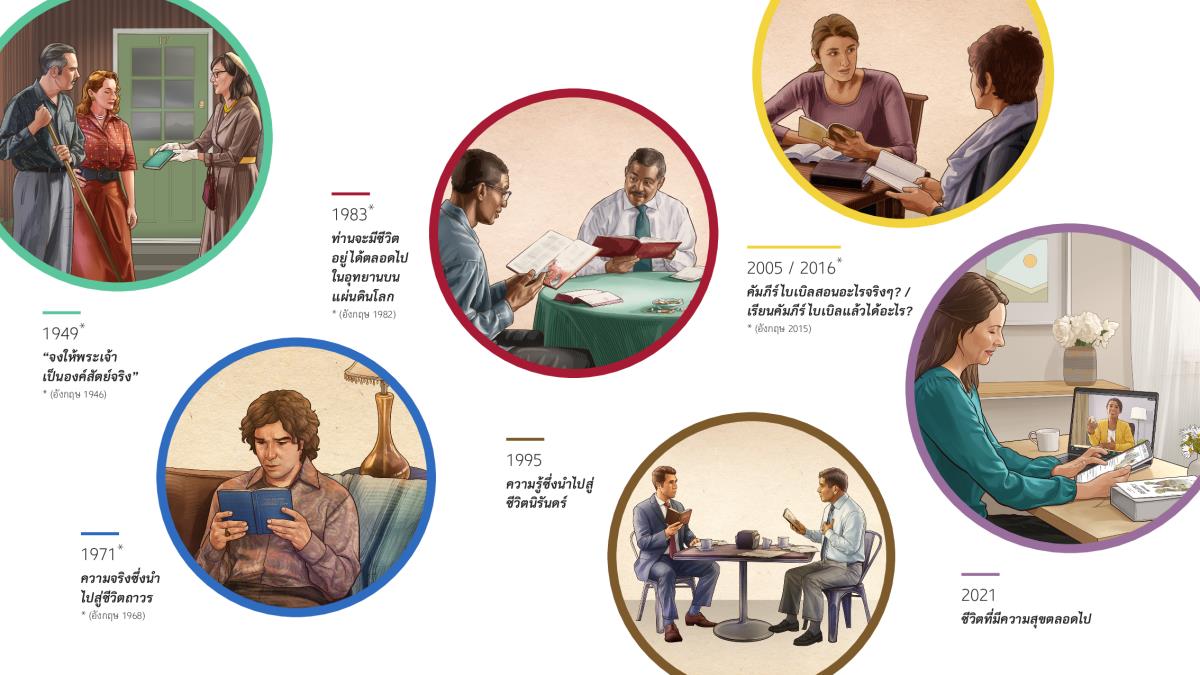 ชุด​รูป​ภาพ: หนังสือ​ต่าง ๆ ที่​ใช้​สอน​คัมภีร์​ไบเบิล​ใน​ช่วง​หลาย​สิบ​ปี​ที่​ผ่าน​มา 1. 1949: “จง​ให้​พระเจ้า​เป็น​องค์​สัตย์​จริง” พี่​น้อง​หญิง​คน​หนึ่ง​ให้​หนังสือ​เล่ม​นี้​กับ​สามี​ภรรยา​คู่​หนึ่ง​ตอน​ที่​เธอ​ประกาศ 2. 1971: “ความ​จริง​ซึ่ง​นำ​ไป​สู่​ชีวิต​ถาวร” ผู้​ชาย​คน​หนึ่ง​กำลัง​อ่าน​หนังสือ​เล่ม​นี้​ที่​บ้าน 3. 1983: “ท่าน​จะ​มี​ชีวิต​อยู่​ได้​ตลอด​ไป​ใน​อุทยาน​บน​แผ่นดิน​โลก” พี่​น้อง​ชาย​กำลัง​สอน​คัมภีร์​ไบเบิล​ให้​ผู้​ชาย​คน​หนึ่ง​โดย​ใช้​หนังสือ​เล่ม​นี้ 4. 1995: “ความ​รู้​ซึ่ง​นำ​ไป​สู่​ชีวิต​นิรันดร์” พี่​น้อง​ชาย​กำลัง​สอน​คัมภีร์​ไบเบิล​ให้​เพื่อน​ร่วม​งาน​ตอน​พัก​กลางวัน 5. 2005 และ 2016: หนังสือ “คัมภีร์​ไบเบิล​สอน​อะไร​จริง​ๆ?” และ “เรียน​คัมภีร์​ไบเบิล​แล้ว​ได้​อะไร?” พี่​น้อง​หญิง​กำลัง​สอน​คัมภีร์​ไบเบิล​ให้​ผู้​หญิง​คน​หนึ่ง 6. 2021: “ชีวิต​ที่​มี​ความ​สุข​ตลอด​ไป” พี่​น้อง​หญิง​กำลัง​สอน​คัมภีร์​ไบเบิล​ให้​ผู้​หญิง​คน​หนึ่ง​ทาง​ออนไลน์