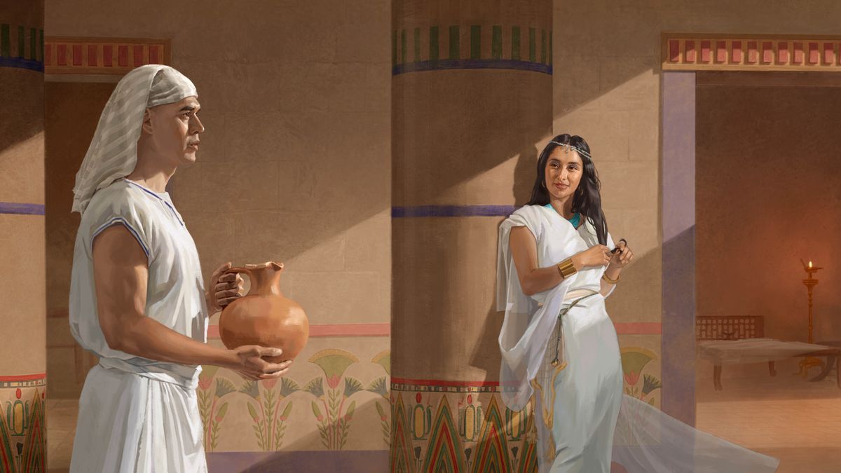 โยเซฟ​เดิน​อยู่​ใน​บ้าน​ของ​โปทิฟาร์ เขา​ถือ​เหยือก​ดิน​เผา​และ​มอง​ตรง​ไป​ข้าง​หน้า เขา​กำลัง​จะ​เดิน​ผ่าน​หน้า​ภรรยา​ของ​โปทิฟาร์​ที่​ยืน​จ้อง​เขา​ตา​เป็น​มัน​อยู่​หน้า​ห้อง​นอน​ของ​เธอ