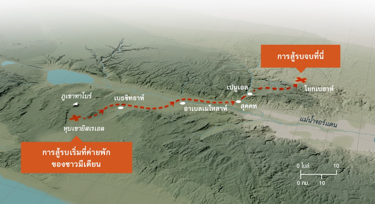 แผนที่​แสดง​ลักษณะ​ภูมิ​ประเทศ​ที่​เป็น​เนิน​เขา​และ​ระยะ​ทาง​ที่​กิเดโอน​และ​ทหาร​ของ​เขา​ไล่​ตาม​ชาว​มีเดียน​ตั้งแต่​หุบเขา​ยิสเรเอล​ไป​จน​ถึง​โยกเบฮาห์