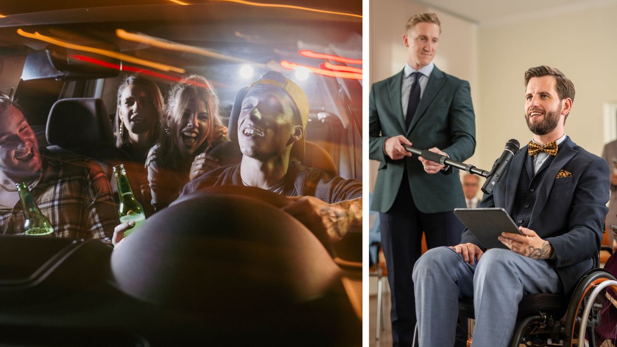 ชุด​รูป​ภาพ: 1. วัยรุ่น​คน​หนึ่ง​ขับ​รถ​ตอน​กลาง​คืน​และ​ดื่ม​เบียร์​กับ​เพื่อน ๆ ใน​รถ 2. หลาย​ปี​ต่อ​มา​เขา​นั่ง​ใน​รถ​เข็น​และ​ออก​ความ​เห็น​ที่​การ​ประชุม ที่​มือ​ซ้าย​ของ​เขา​มี​รอย​สัก