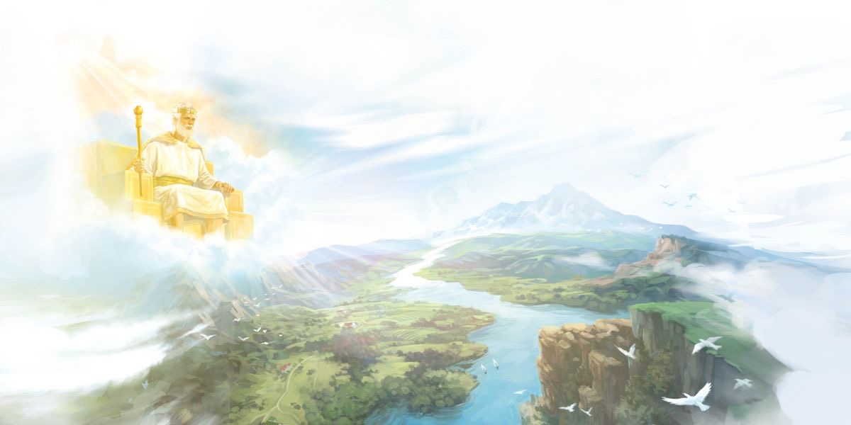 የሱስ ኣብ ሰማይ ኣብ ዝፋኑ ተቐሚጡ፡ ኣብ ልዕሊ ምድራዊት ገነት ንጉስ ኰይኑ ይገዝእ።