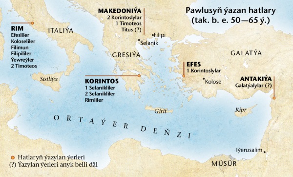 Pawlusyň hatlaryny ýazan ýerleriniň kartasy
