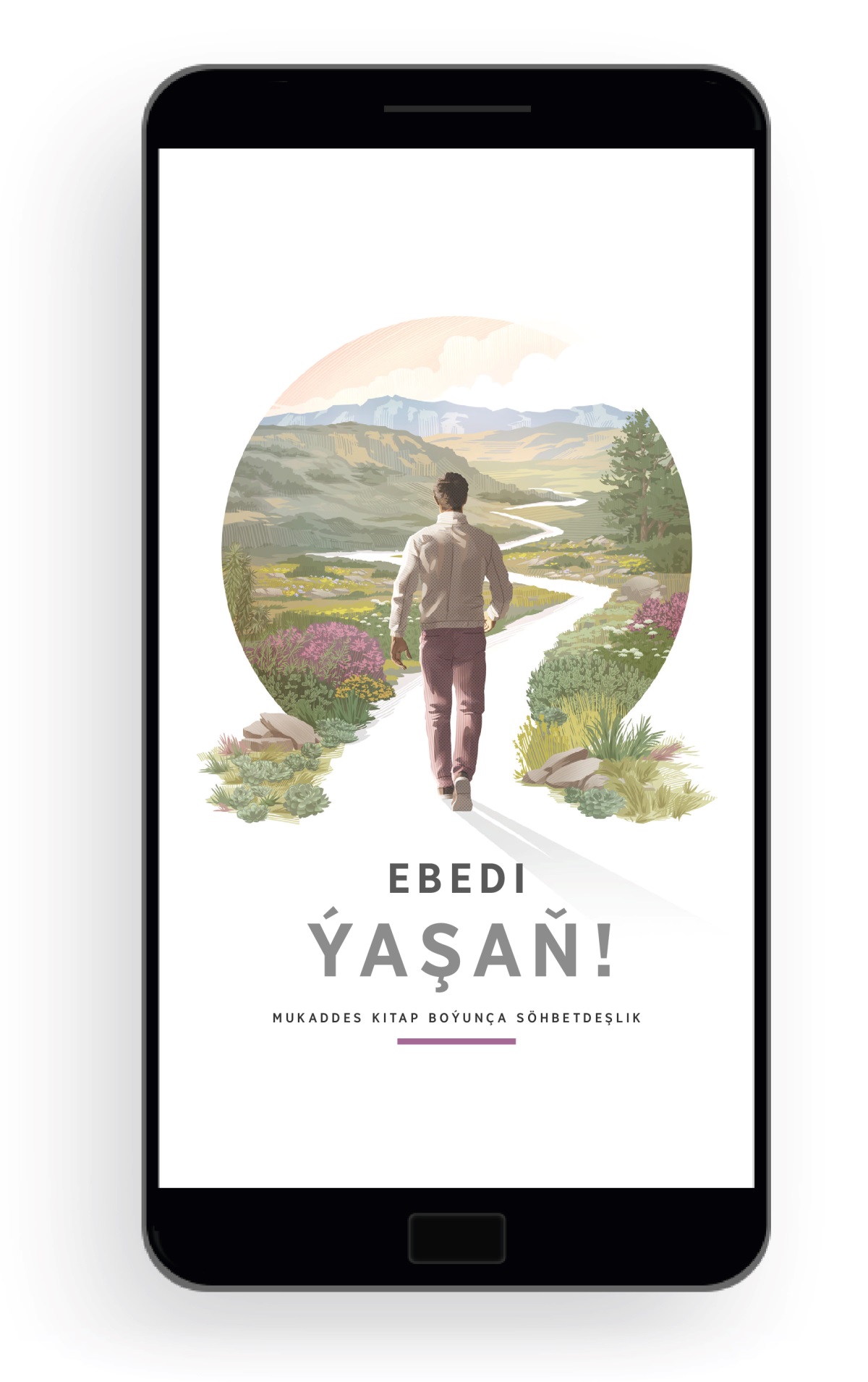 Ebedi ýaşaň! Mukaddes Kitap boýunça söhbetdeşlik. Bir adam al-ýaşyl öwüsýän dag-depeleriň içinden geçýän ýoldan ýöräp barýar.