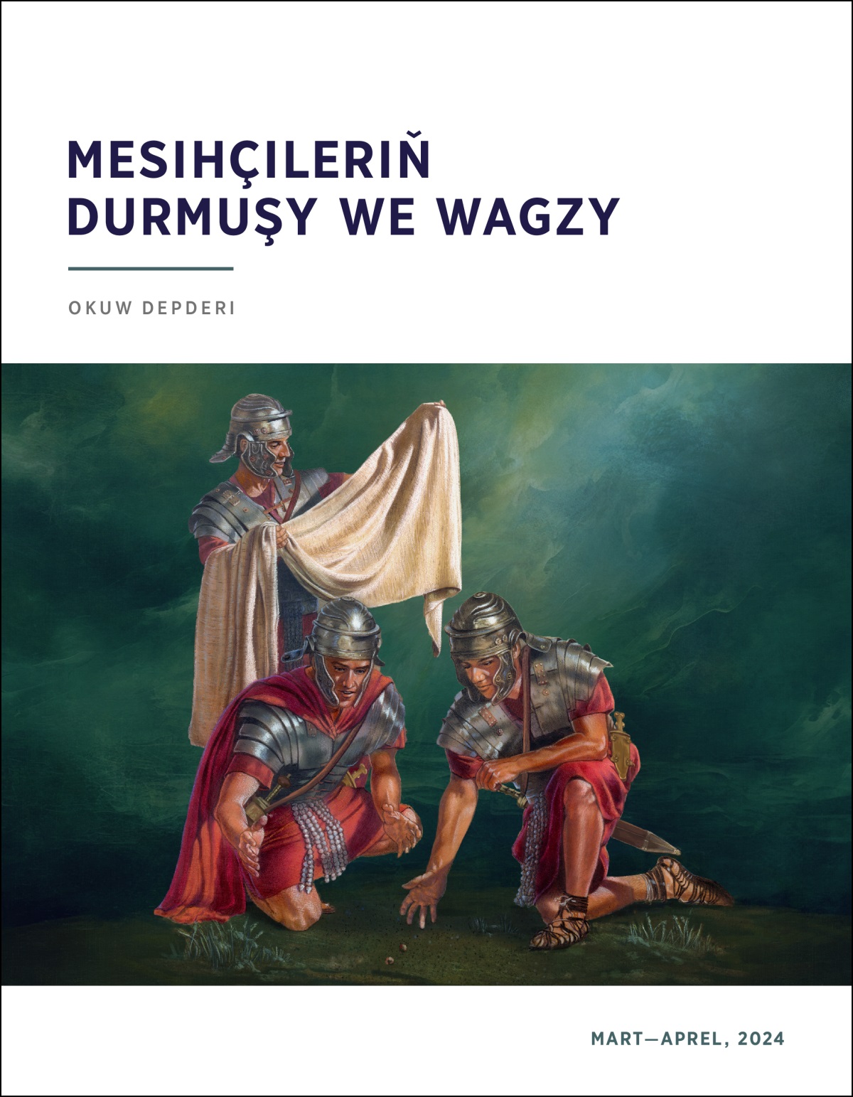 Rim esgerleri bije atyp durka, olaryň biri Isanyň eşigine seredýär.