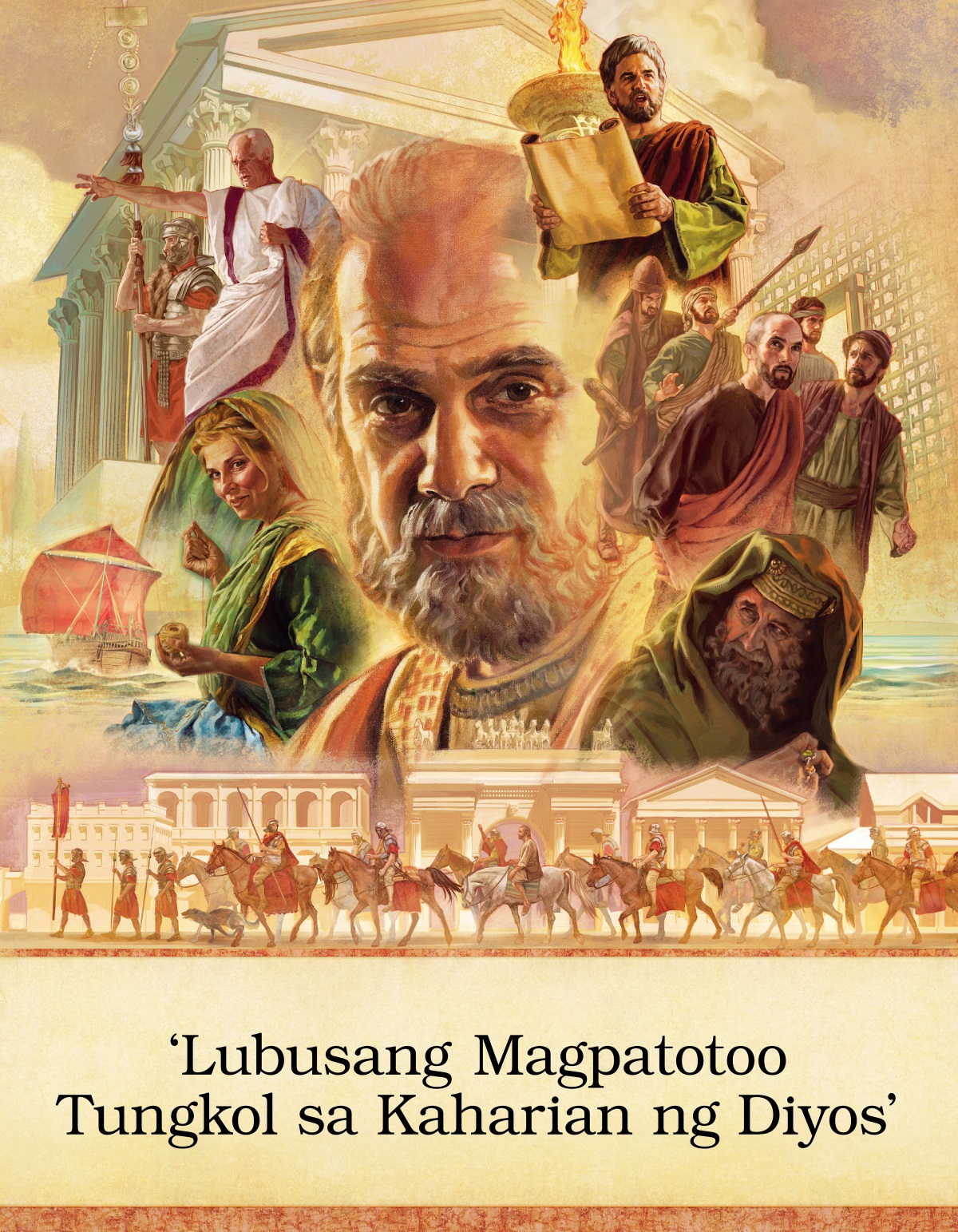 Collage: Mga karakter at lugar sa aklat ng Mga Gawa. 1. Si apostol Pablo. 2. Si Tabita na nananahi ng kasuotan. 3. Barkong pangkalakal ng Roma. 4. Si Galio habang nagsasalita nang may kombiksiyon. Nakatayo siya sa tabi ng isang sundalong Romano. 5. Mataas na gusali noong unang siglo. 6. Si Lucas habang nagbabasa ng balumbon sa harap ng mataas na kandelero. 7. Ilang apostol na naglalakad habang binabantayan ng guwardiya sa templo. 8. Isang Saduceo. 9. Mga Romanong sundalo na naglalakad at ang ilan ay nakasakay sa kabayo habang inihahatid si Pablo sa lunsod.