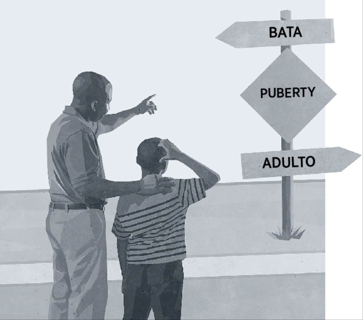 Mag-ama na nakatingin sa signpost na nagtuturo sa puberty na nasa pagitan ng pagiging bata at adulto