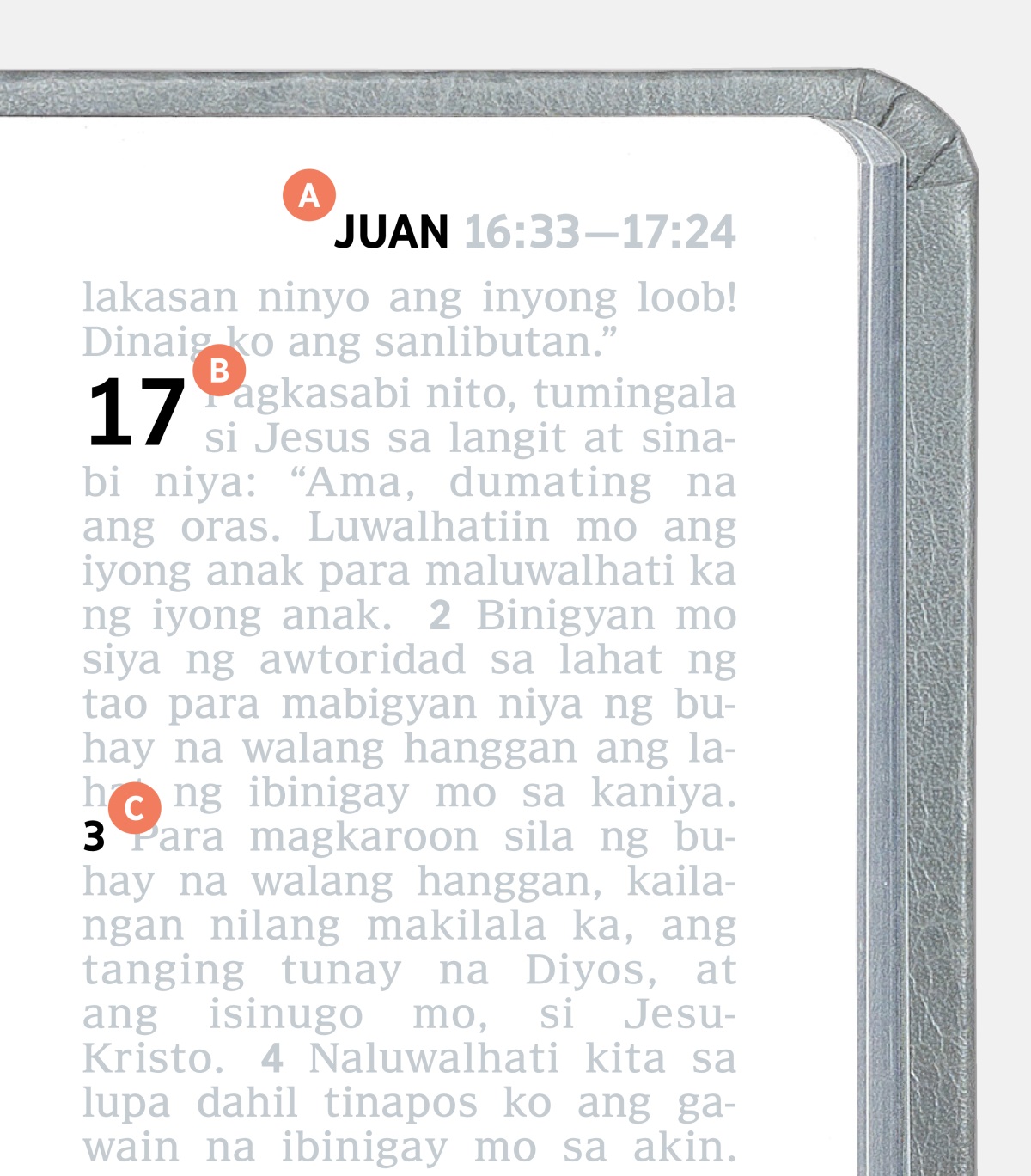 Markang A, B, at C na makikita sa isang pahina ng Bibliya.