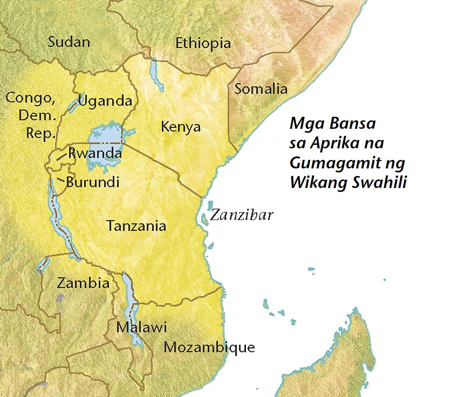Mapa ng mga bansa sa Aprika na gumagamit ng wikang Swahili