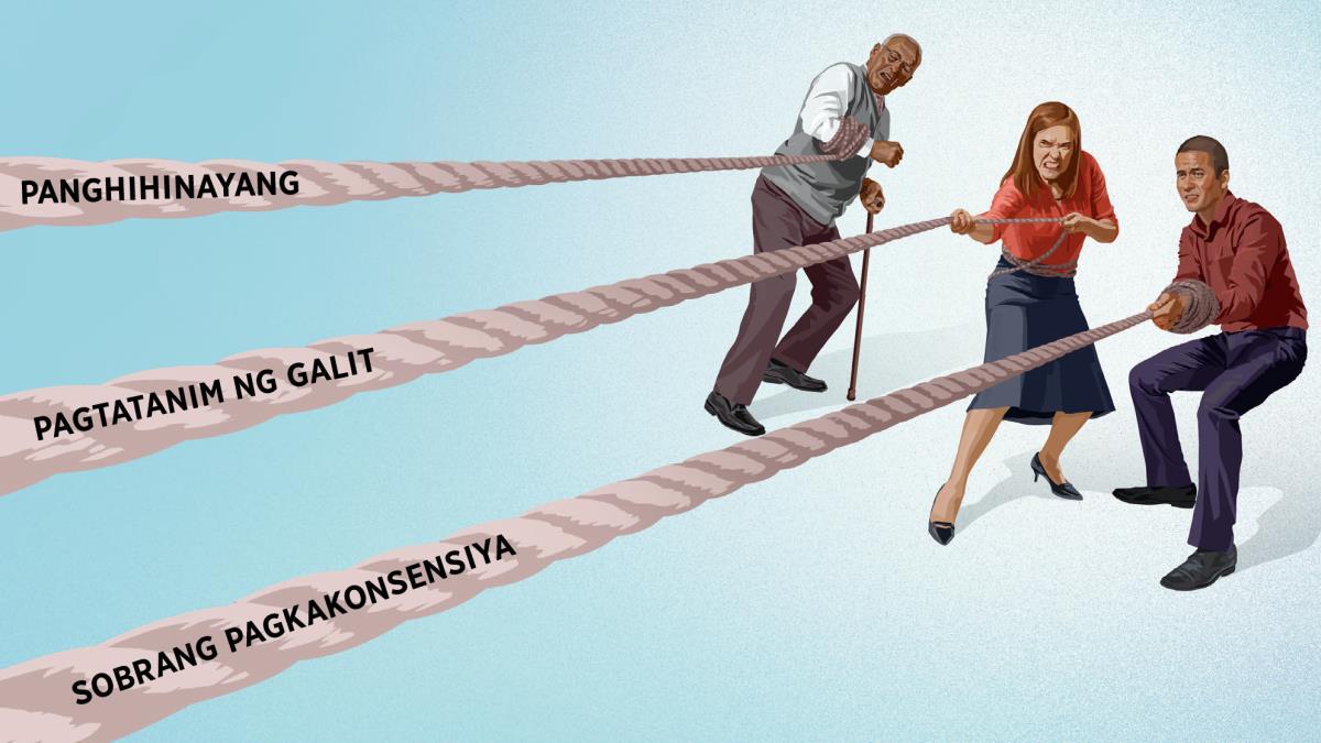 May tig-iisang lubid na hinihila ang may-edad na brother, sister, at isa pang brother. Nakasulat sa mga lubid ang ‘panghihinayang,’ ‘pagtatanim ng galit,’ at ‘sobrang pagkakonsensiya.’