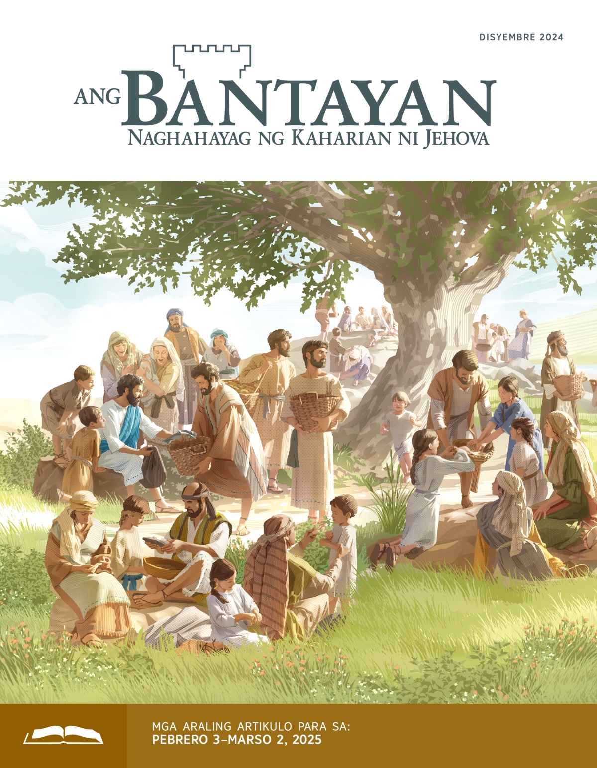 Si Jesus na nagbibigay ng tinapay at isda sa mga alagad niya. Ipinapamahagi ng mga alagad ang pagkain sa napakaraming tao​—mga lalaki, babae, at bata.
